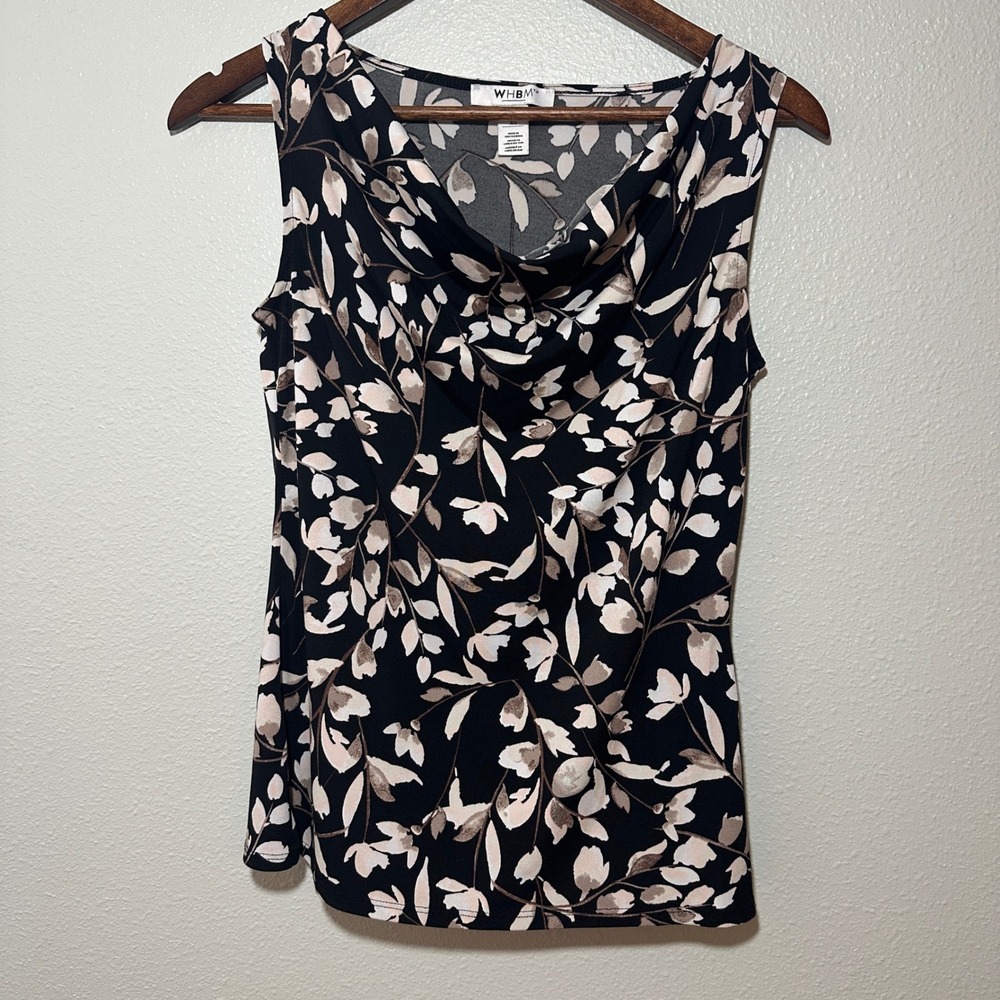White House Black Market Cowl Neck Floral Leaf Print Sleeveless Top XS Black Top